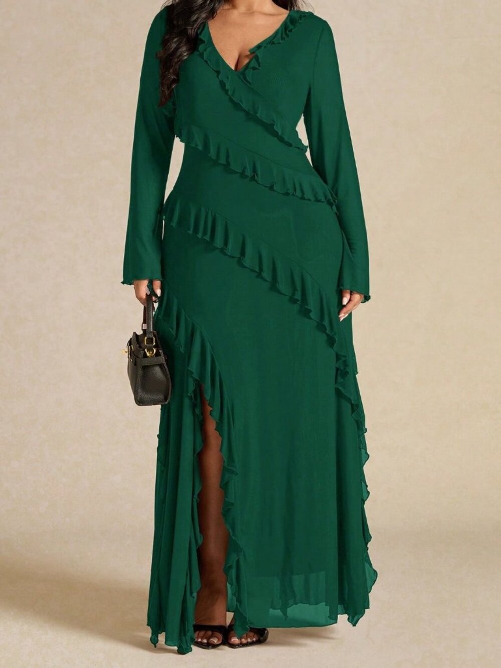 Dark Green Elegant Women's V-Neck Ruffle Hem Long Sleeve Maxi Dress - Picture 2 of 5